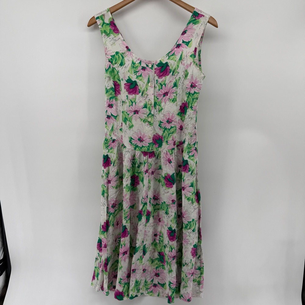 Vintage St Michael Floral Button Front Midi Dress UK 12 Pink Green White vintage
